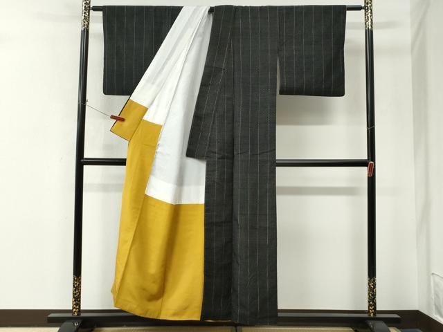 平和屋着物●上質な紬　縞　十字絣　黒地　正絹　逸品　CABO0070yc