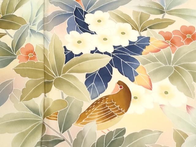 平和屋着物●訪問着　友禅　作家物　休み鳥枝花文　暈し染め　正絹　逸品　CABO0110yc