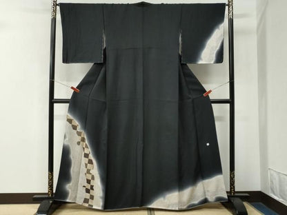平和屋着物●訪問着　雪輪市松鹿の子吉祥文　暈し染め　黒地　無落款　正絹　逸品　未使用　CABO0118yc