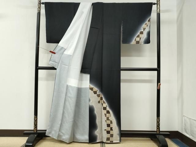 平和屋着物●訪問着　雪輪市松鹿の子吉祥文　暈し染め　黒地　無落款　正絹　逸品　未使用　CABO0118yc