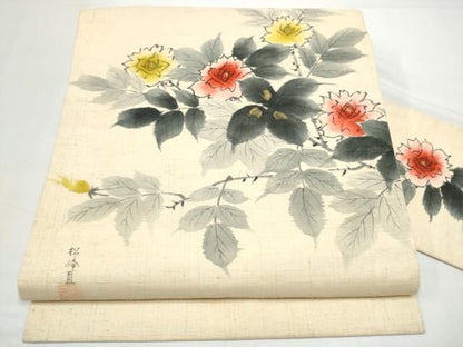 平和屋着物●九寸名古屋帯　作家物　手描き　紬地　枝花文　金彩　正絹　逸品　CABO1601hy