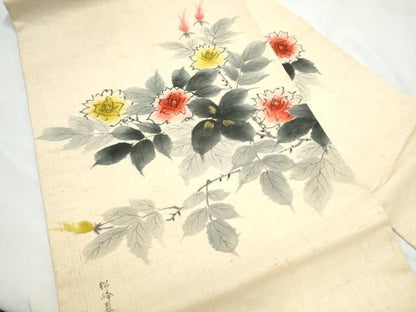 平和屋着物●九寸名古屋帯　作家物　手描き　紬地　枝花文　金彩　正絹　逸品　CABO1601hy