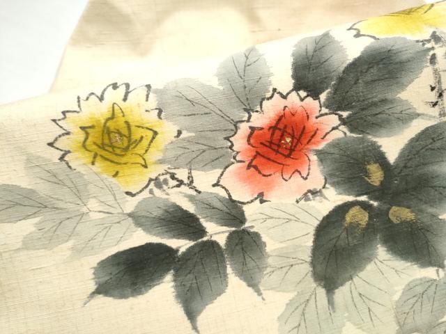 平和屋着物●九寸名古屋帯　作家物　手描き　紬地　枝花文　金彩　正絹　逸品　CABO1601hy