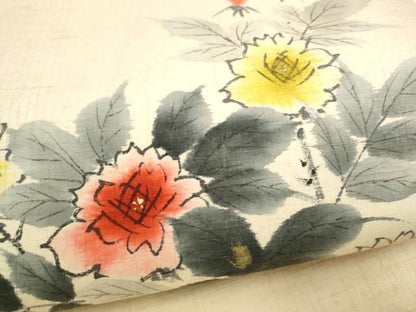 平和屋着物●九寸名古屋帯　作家物　手描き　紬地　枝花文　金彩　正絹　逸品　CABO1601hy