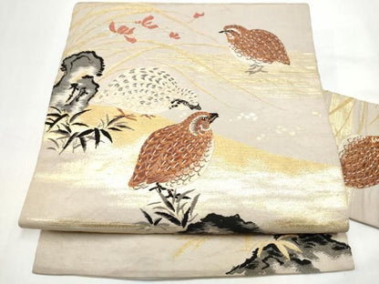 平和屋着物●アンティーク　大正ロマン　九寸名古屋帯　休み鳥　金銀糸　正絹　逸品　CABO1602hy