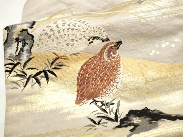 平和屋着物●アンティーク　大正ロマン　九寸名古屋帯　休み鳥　金銀糸　正絹　逸品　CABO1602hy