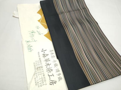 平和屋着物●草木染　手織工房　染匠：小森久　八寸名古屋帯　縞柄　黒地　たとう紙付き　正絹　逸品　CABO1604hy