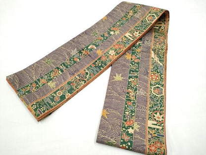 平和屋着物●両面　半幅帯　紬地　草花文　正絹　逸品　CABO1615hy