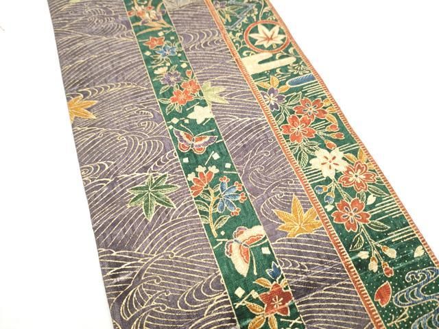 平和屋着物●両面　半幅帯　紬地　草花文　正絹　逸品　CABO1615hy