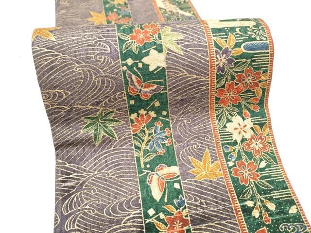 平和屋着物●両面　半幅帯　紬地　草花文　正絹　逸品　CABO1615hy