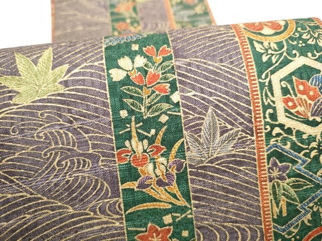 平和屋着物●両面　半幅帯　紬地　草花文　正絹　逸品　CABO1615hy