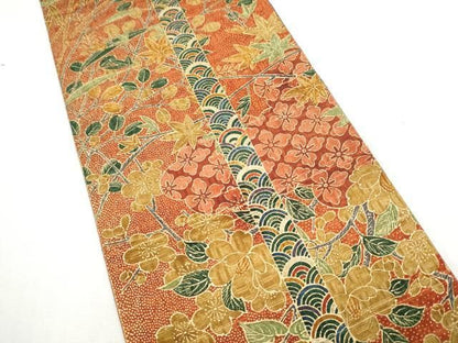 平和屋着物●両面　半幅帯　紬地　草花文　正絹　逸品　CABO1615hy