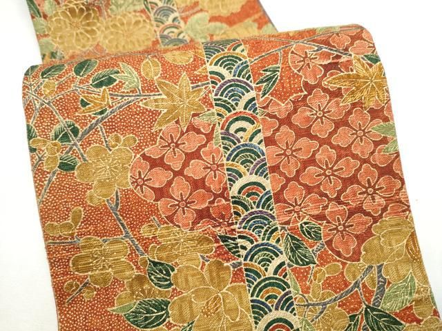 平和屋着物●両面　半幅帯　紬地　草花文　正絹　逸品　CABO1615hy