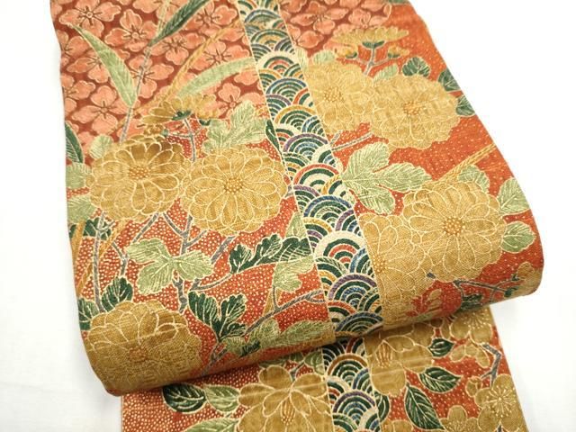 平和屋着物●両面　半幅帯　紬地　草花文　正絹　逸品　CABO1615hy