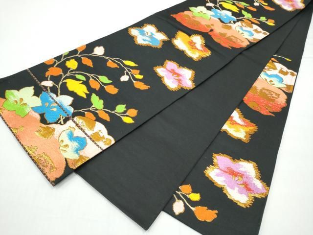 平和屋着物●六通柄袋帯　草花文　黒地　金糸　正絹　逸品　CABO1643hy