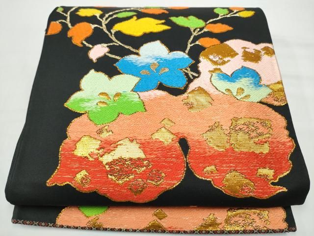 平和屋着物●六通柄袋帯　草花文　黒地　金糸　正絹　逸品　CABO1643hy