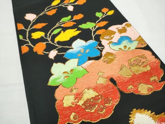 平和屋着物●六通柄袋帯　草花文　黒地　金糸　正絹　逸品　CABO1643hy