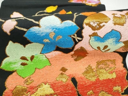 平和屋着物●六通柄袋帯　草花文　黒地　金糸　正絹　逸品　CABO1643hy