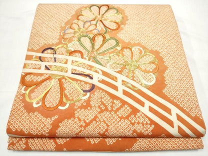 平和屋着物●アンティーク　大正ロマン　六通柄袋帯　絞り　駒刺繍　渡橋舞花文　正絹　逸品　CABO1664hy