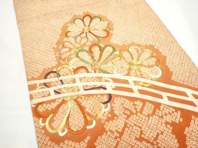 平和屋着物●アンティーク　大正ロマン　六通柄袋帯　絞り　駒刺繍　渡橋舞花文　正絹　逸品　CABO1664hy