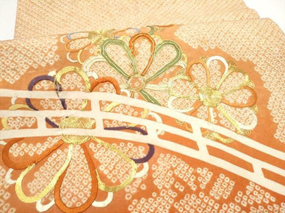 平和屋着物●アンティーク　大正ロマン　六通柄袋帯　絞り　駒刺繍　渡橋舞花文　正絹　逸品　CABO1664hy