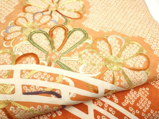平和屋着物●アンティーク　大正ロマン　六通柄袋帯　絞り　駒刺繍　渡橋舞花文　正絹　逸品　CABO1664hy