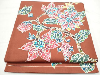 平和屋着物●六通柄袋帯　ろうけつ染　枝花文　正絹　逸品　CABO1665hy