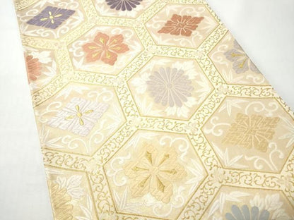平和屋着物●六通柄袋帯　唐織　亀甲花文　金糸　正絹　逸品　CABO1672hy
