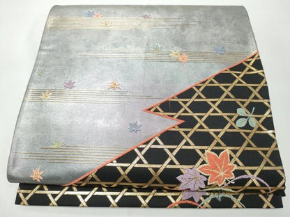 平和屋着物●ファッションデザイナー 花井幸子　六通柄袋帯　篭目舞葉文　黒地　金糸　正絹　逸品　CABO1674hy
