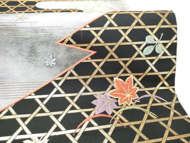 平和屋着物●ファッションデザイナー 花井幸子　六通柄袋帯　篭目舞葉文　黒地　金糸　正絹　逸品　CABO1674hy