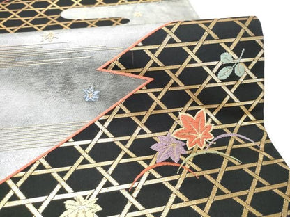 平和屋着物●ファッションデザイナー 花井幸子　六通柄袋帯　篭目舞葉文　黒地　金糸　正絹　逸品　CABO1674hy