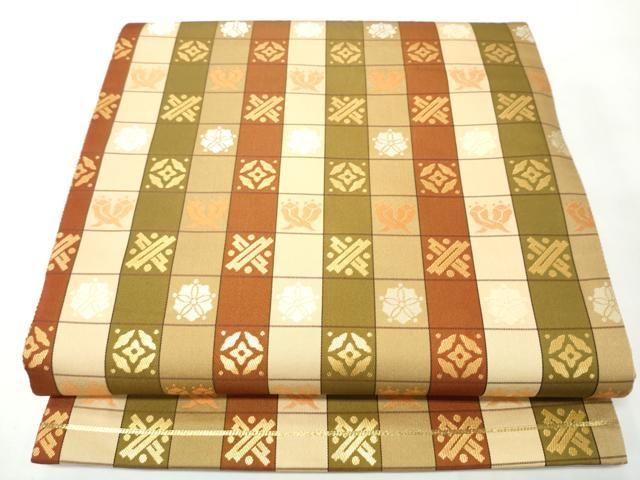 平和屋着物●全通柄袋帯　市松花文　金糸　正絹　逸品　CABO1690hy