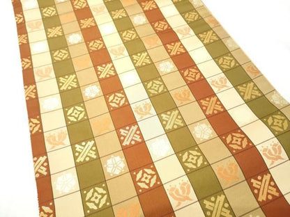 平和屋着物●全通柄袋帯　市松花文　金糸　正絹　逸品　CABO1690hy