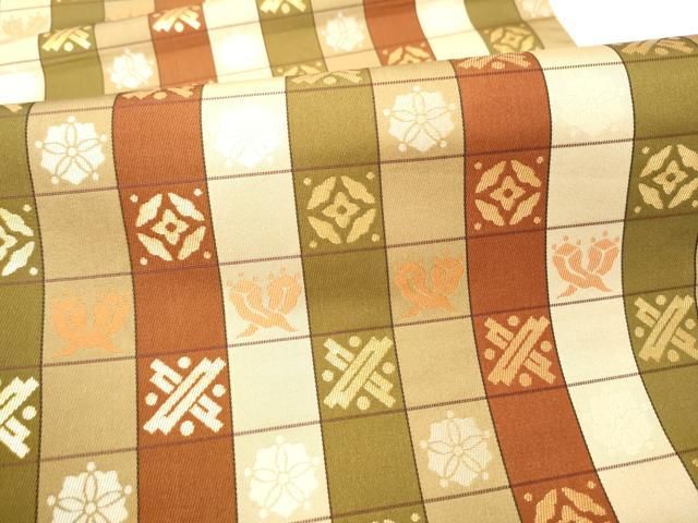 平和屋着物●全通柄袋帯　市松花文　金糸　正絹　逸品　CABO1690hy