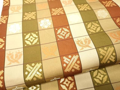 平和屋着物●全通柄袋帯　市松花文　金糸　正絹　逸品　CABO1690hy