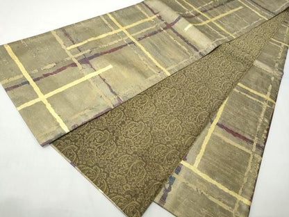 平和屋着物●両面　全通柄袋帯　格子柄　金彩　正絹　逸品　CABO1697hy