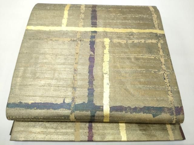 平和屋着物●両面　全通柄袋帯　格子柄　金彩　正絹　逸品　CABO1697hy