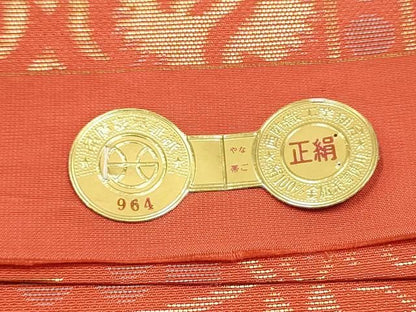 平和屋着物●全織物一筋名門　織悦　通柄袋帯　向かい鳥花文　金糸　証紙付き　正絹　逸品　CABO1736hy