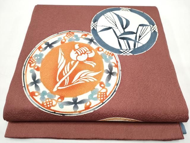 平和屋着物●太鼓柄袋帯　型染め　絵皿花文　正絹　逸品　CABO1741hy