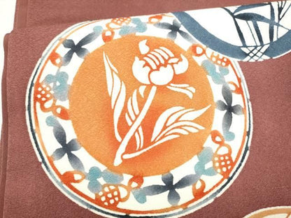 平和屋着物●太鼓柄袋帯　型染め　絵皿花文　正絹　逸品　CABO1741hy
