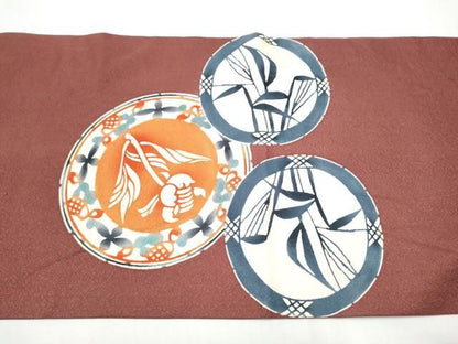 平和屋着物●太鼓柄袋帯　型染め　絵皿花文　正絹　逸品　CABO1741hy