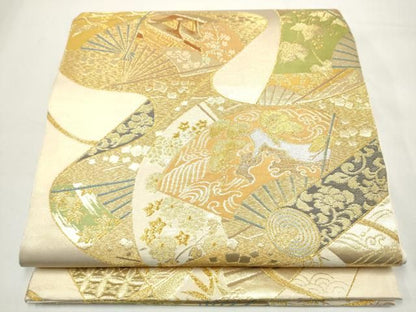 平和屋着物●西陣　川島織物　六通柄　本袋帯　扇面絵巻草花文　金銀糸　正絹　逸品　CABO1744hy