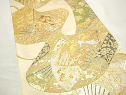 平和屋着物●西陣　川島織物　六通柄　本袋帯　扇面絵巻草花文　金銀糸　正絹　逸品　CABO1744hy