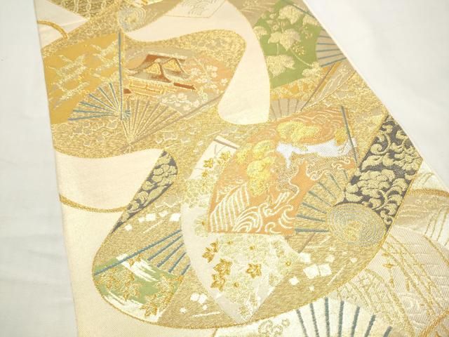 平和屋着物●西陣　川島織物　六通柄　本袋帯　扇面絵巻草花文　金銀糸　正絹　逸品　CABO1744hy