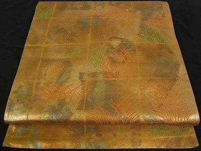 平和屋着物■六通柄袋帯 市松草木文 金糸 逸品 ch1910