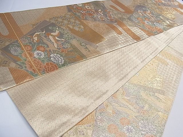 平和屋着物■宝珠佐賀錦 六通柄袋帯 色紙重ね飛鶴花文 九百錦 金銀糸 逸品 ch2757