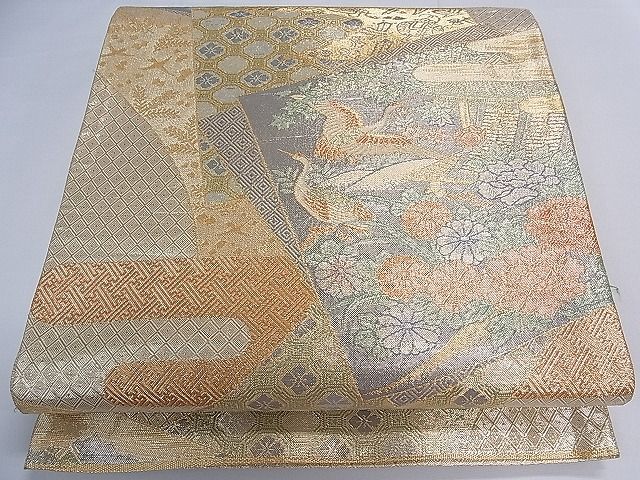 平和屋着物■宝珠佐賀錦 六通柄袋帯 色紙重ね飛鶴花文 九百錦 金銀糸 逸品 ch2757