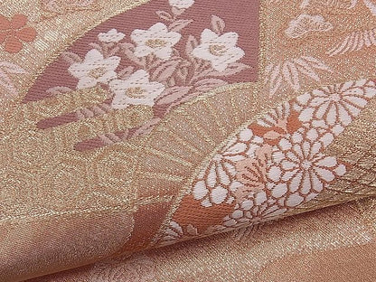 平和屋着物■六通柄袋帯 唐織 エ霞扇面飛鶴花文 金糸 逸品 ch2917
