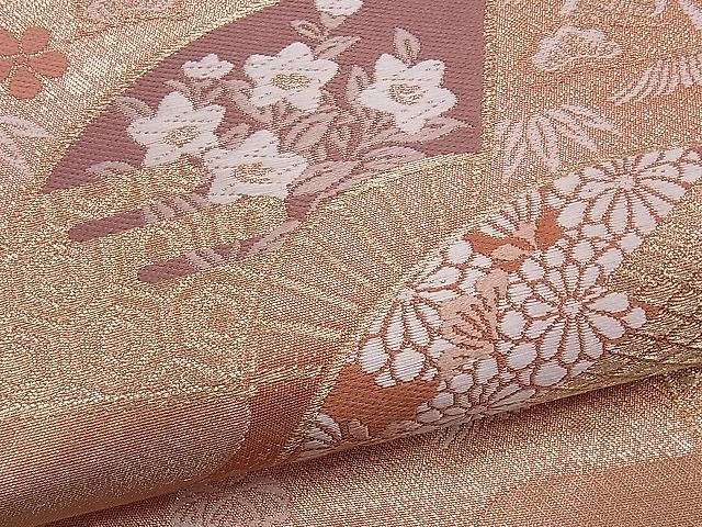 平和屋着物■六通柄袋帯 唐織 エ霞扇面飛鶴花文 金糸 逸品 ch2917