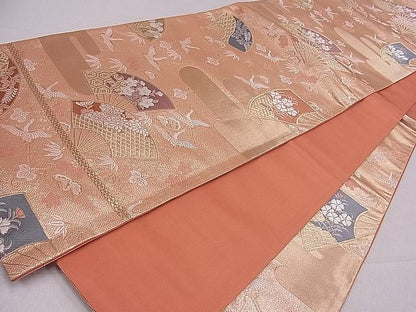 平和屋着物■六通柄袋帯 唐織 エ霞扇面飛鶴花文 金糸 逸品 ch2917